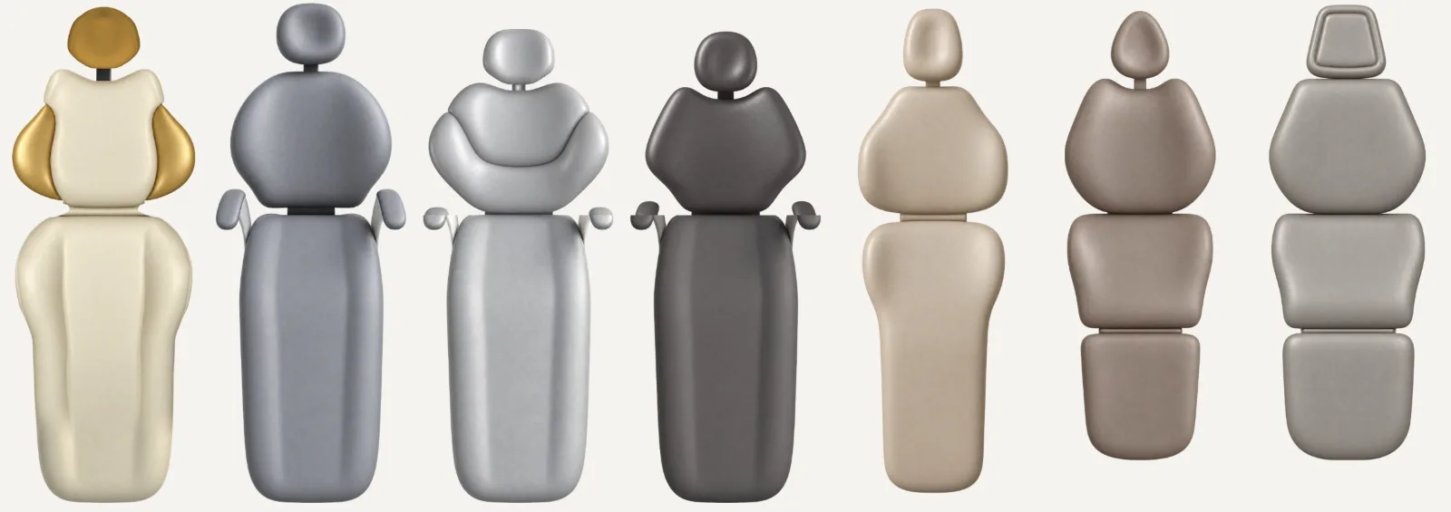 Los siete sillones American Dental vistos desde arriba, lado a lado a escala: Estelar, Boreal, Nubbia, Smart Pro, Slim, Zenit y Aurora