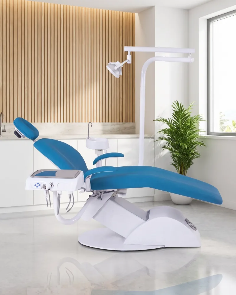 Unidad odontológica AD Slim 300 de American Dental en un consultorio, vista de tres cuartos
